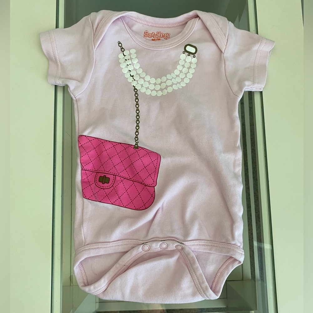 Sara Kety Pink Baby Onesie with Hot Pink Purse & White Necklace Print